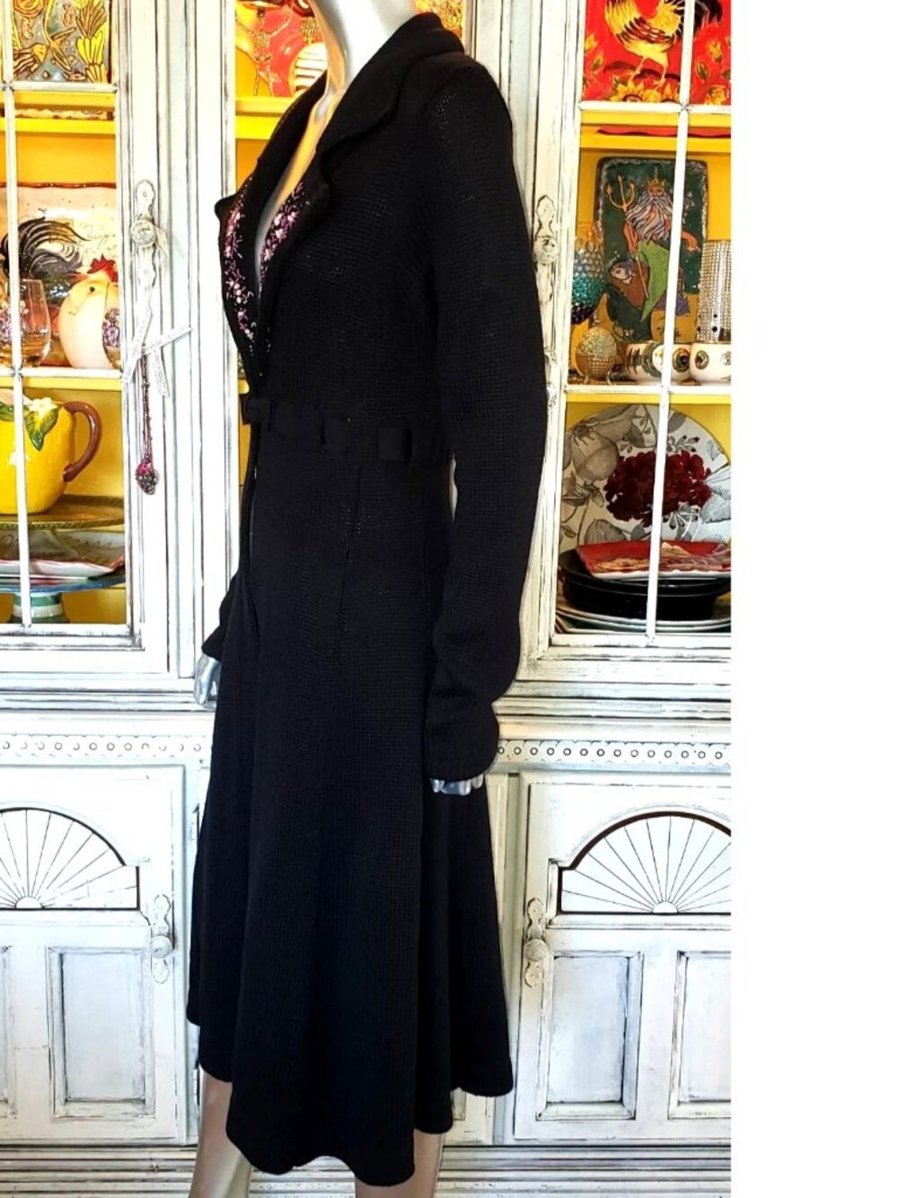 Vintage Betsey Johnson New York Duster Coat Black Sweater Dress Knit Jacket M S - Picture 9 of 14